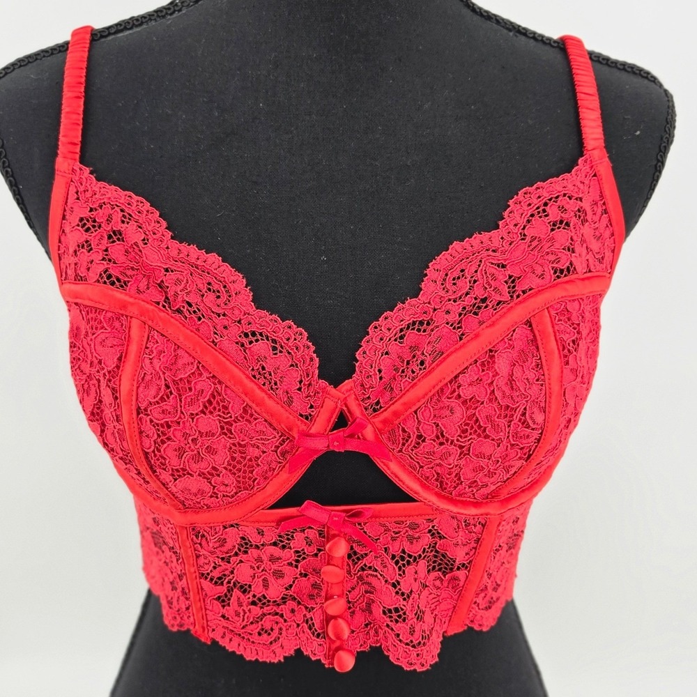 For Love & Lemons Fiona Lace Longline Bustier Underwire Corset Bra Top 34D Red